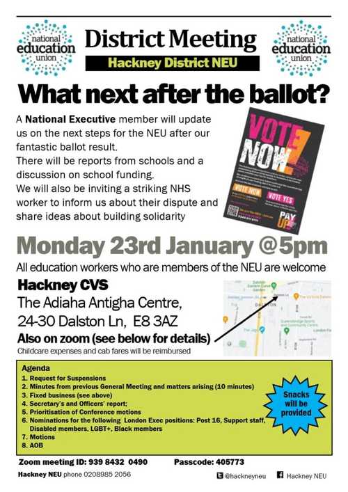 Update on pay ballot, strike action and planning the pay campaign. Meeting will also include secretaries report, reports from school, prioritisation of conference motions, nominations for London Executive and motions.