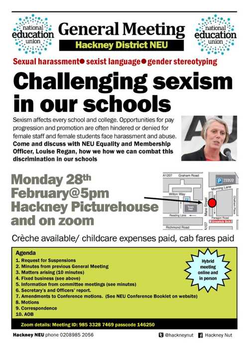 Challenging sexism in schools.  Discussion led by Louise Regan NEU Equality and Membership Officer. Monday 28th Feb at 5pm
https://neu-org-uk.zoom.us/meeting/register/tJwodOqqpjwuHN1b_oeVtFUOO0RTD7_h76La 


