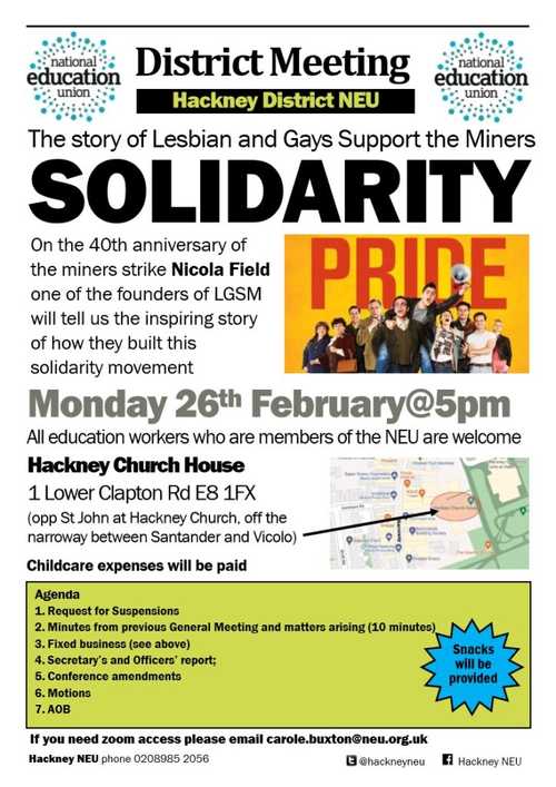 Solidarity. Speaker on 40th anniversary of the miners strike and Lesbians and Gays support the miners.